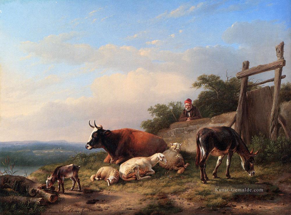 Ein Landwirt seine Tiere Eugene Verboeckhoven Esel Tending Ölgemälde